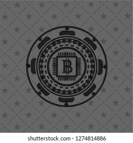 bitcoin chip (cryptocurrency mining concept) icon inside dark emblem. Retro
