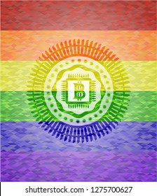 bitcoin chip (cryptocurrency mining concept) icon on mosaic background with the colors of the LGBT flag