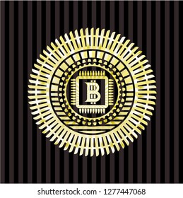 bitcoin chip (cryptocurrency mining concept) icon inside gold badge or emblem