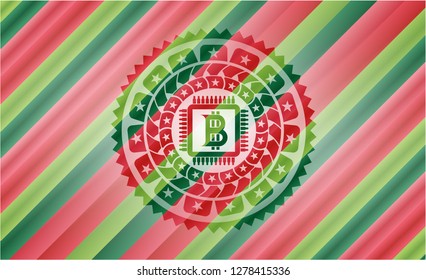 bitcoin chip (cryptocurrency mining concept) icon inside christmas emblem background.