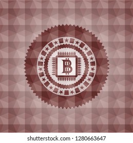 bitcoin chip (cryptocurrency mining concept) icon inside red geometric pattern emblem. Seamless.