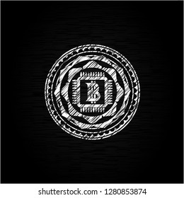 bitcoin chip (cryptocurrency mining concept) icon inside chalkboard emblem on black board
