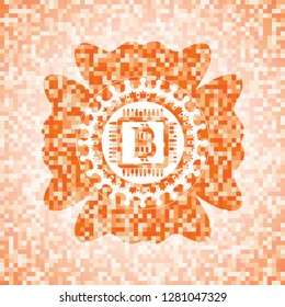 bitcoin chip (cryptocurrency mining concept) icon inside orange tile background illustration. Square geometric mosaic seamless pattern with emblem inside.