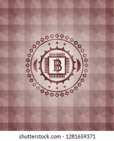 bitcoin chip (cryptocurrency mining concept) icon inside red seamless emblem with geometric background.