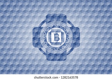 bitcoin chip (cryptocurrency mining concept) icon inside blue badge with geometric pattern.