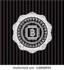 bitcoin chip (cryptocurrency mining concept) icon inside silver badge