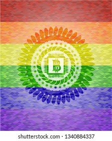 bitcoin chip (cryptocurrency mining concept) icon inside lgbt colors emblem 