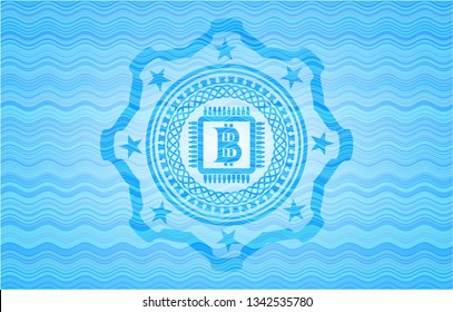 bitcoin chip (cryptocurrency mining concept) icon inside water representation badge background.