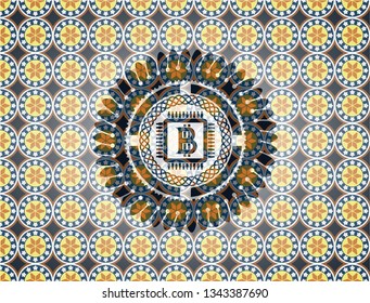 bitcoin chip (cryptocurrency mining concept) icon inside arabesque badge. arabic decoration.