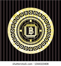 bitcoin chip (cryptocurrency mining concept) icon inside gold emblem or badge