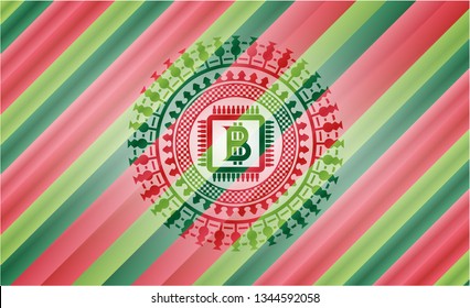 bitcoin chip (cryptocurrency mining concept) icon inside christmas badge background.