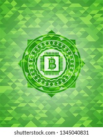 bitcoin chip (cryptocurrency mining concept) icon inside realistic green mosaic emblem
