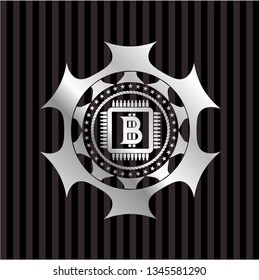 bitcoin chip (cryptocurrency mining concept) icon inside silvery shiny badge