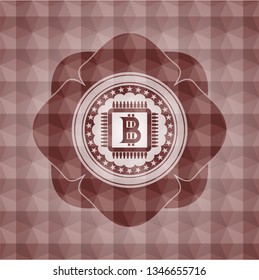 bitcoin chip (cryptocurrency mining concept) icon inside red emblem with geometric pattern background. Seamless.