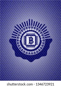 bitcoin chip (cryptocurrency mining concept) icon inside emblem with denim texture