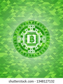 bitcoin chip (cryptocurrency mining concept) icon inside green mosaic emblem