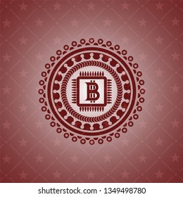 bitcoin chip (cryptocurrency mining concept) icon inside red icon or emblem