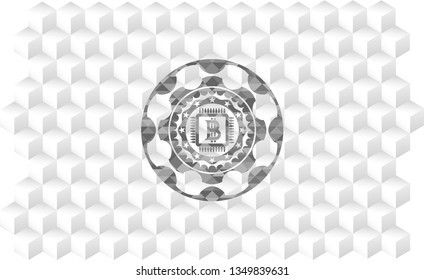 bitcoin chip (cryptocurrency mining concept) icon inside grey icon or emblem with geometric cube white background