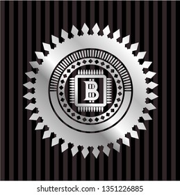 bitcoin chip (cryptocurrency mining concept) icon inside silver badge