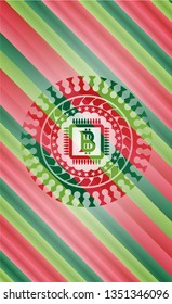 bitcoin chip (cryptocurrency mining concept) icon inside christmas style emblem.