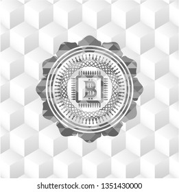 bitcoin chip (cryptocurrency mining concept) icon inside grey emblem with cube white background