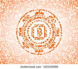 bitcoin chip (cryptocurrency mining concept) icon inside abstract emblem, orange mosaic background
