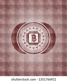 bitcoin chip (cryptocurrency mining concept) icon inside red emblem with geometric pattern background. Seamless.