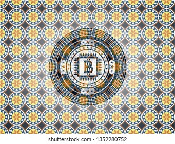 bitcoin chip (cryptocurrency mining concept) icon inside arabesque badge background. arabic decoration.