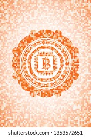 bitcoin chip (cryptocurrency mining concept) icon inside abstract orange mosaic emblem with background