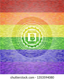 bitcoin chip (cryptocurrency mining concept) icon inside emblem on mosaic background with the colors of the LGBT flag