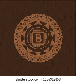 bitcoin chip (cryptocurrency mining concept) icon inside wooden emblem. Retro
