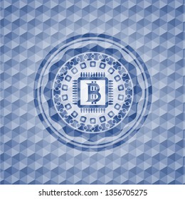 bitcoin chip (cryptocurrency mining concept) icon inside blue polygonal emblem.