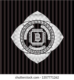 bitcoin chip (cryptocurrency mining concept) icon inside silver emblem or badge