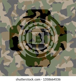 bitcoin chip (cryptocurrency mining concept) icon on camouflaged pattern