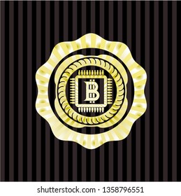bitcoin chip (cryptocurrency mining concept) icon inside gold emblem or badge
