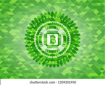 bitcoin chip (cryptocurrency mining concept) icon inside green emblem. Mosaic background