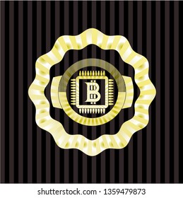 bitcoin chip (cryptocurrency mining concept) icon inside gold badge or emblem