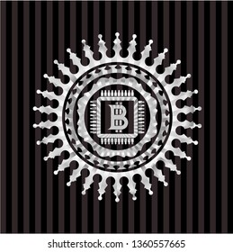 bitcoin chip (cryptocurrency mining concept) icon inside silvery emblem or badge