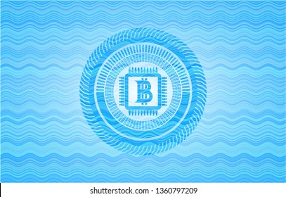 bitcoin chip (cryptocurrency mining concept) icon inside water badge.