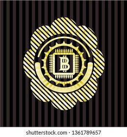 bitcoin chip (cryptocurrency mining concept) icon inside golden badge