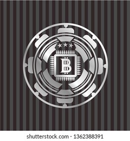 bitcoin chip (cryptocurrency mining concept) icon inside silvery emblem