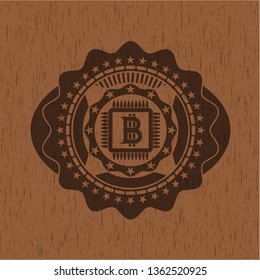 bitcoin chip (cryptocurrency mining concept) icon inside wooden signboards