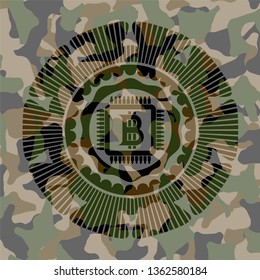 bitcoin chip (cryptocurrency mining concept) icon on camouflage pattern