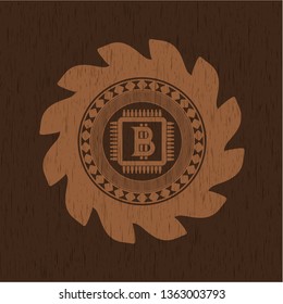 bitcoin chip (cryptocurrency mining concept) icon inside retro wood emblem