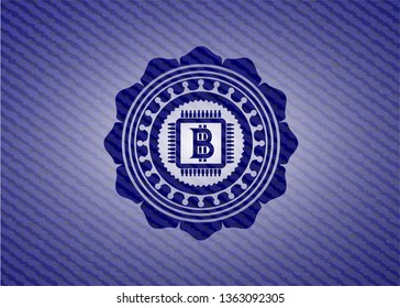 bitcoin chip (cryptocurrency mining concept) icon inside emblem with denim high quality background