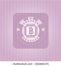 bitcoin chip (cryptocurrency mining concept) icon inside retro style pink emblem