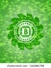 bitcoin chip (cryptocurrency mining concept) icon inside green emblem with triangle mosaic background