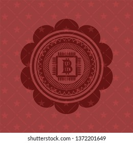 bitcoin chip (cryptocurrency mining concept) icon inside badge with red background