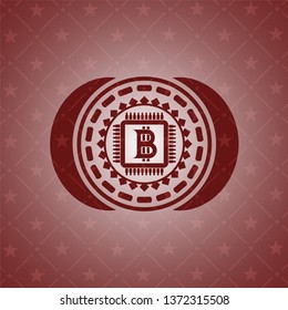 bitcoin chip (cryptocurrency mining concept) icon inside red emblem. Vintage.