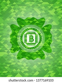 bitcoin chip (cryptocurrency mining concept) icon inside green emblem with mosaic ecological style background